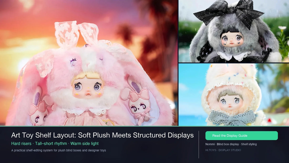 Nommi plush collectibles arranged for an art toy display guide