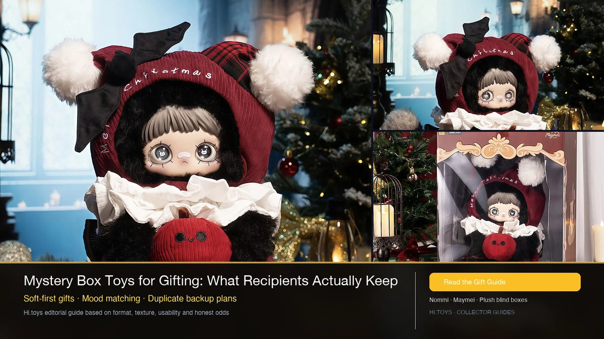 Mystery box toys arranged as gift-ready plush collectibles