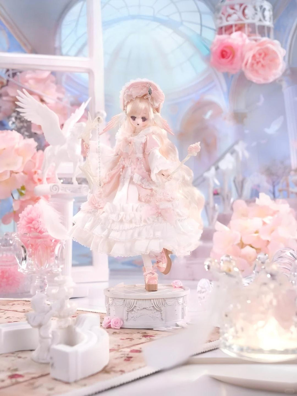 Mi Tian 4th Generation "Poem of Feather Mist" Love Dove BJD Doll – Fully Articulated Angel-Style Doll in Pink & White Dress
