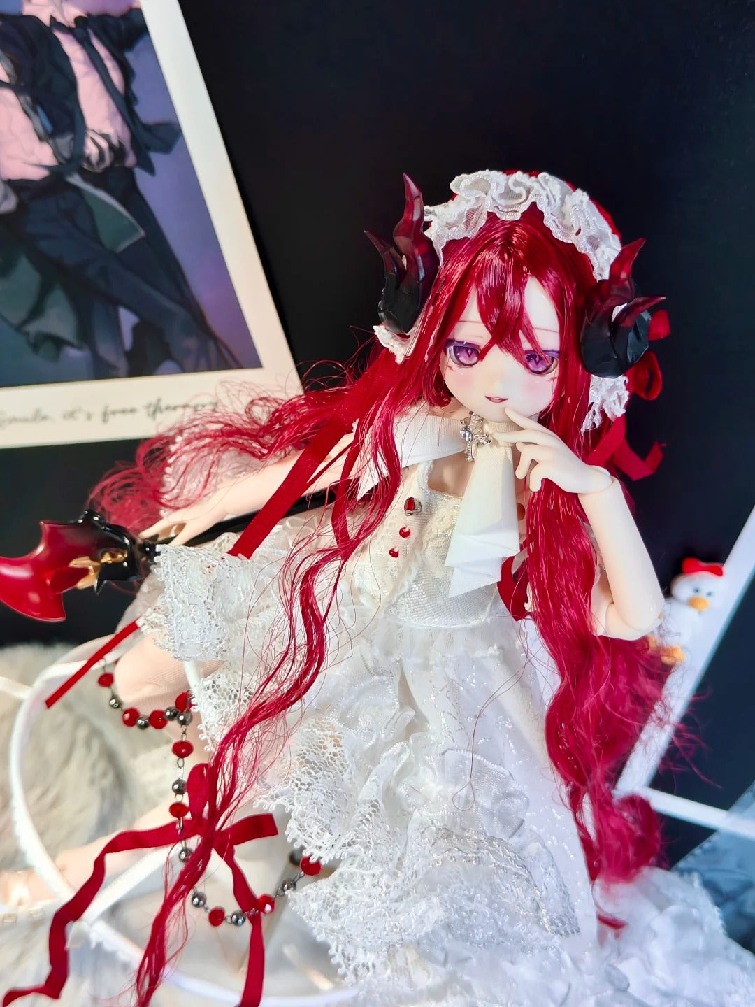 "Order of Time" & "Music Box" Series – Red-haired, White-dressed Demon Girl – BJD-style Articulated Figure – Collectible Complete Doll