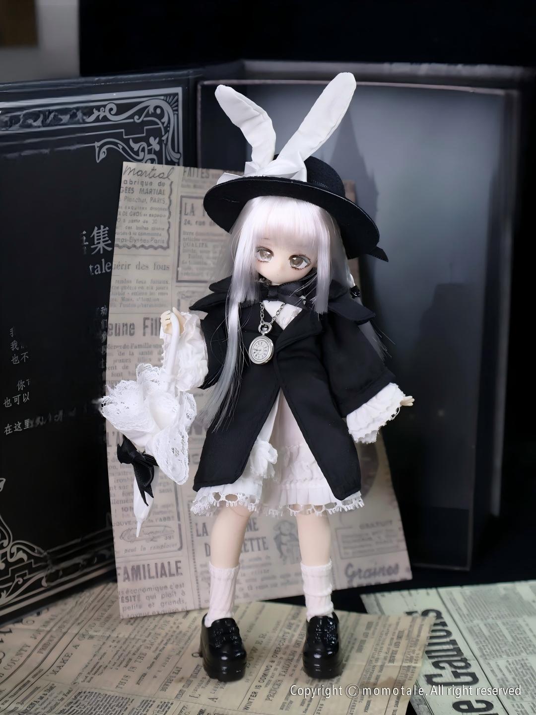 Mist-Veiled｜Fully Articulated Doll with White Hair, Rabbit Ears, and Top Hat – Vintage British-Style Gift