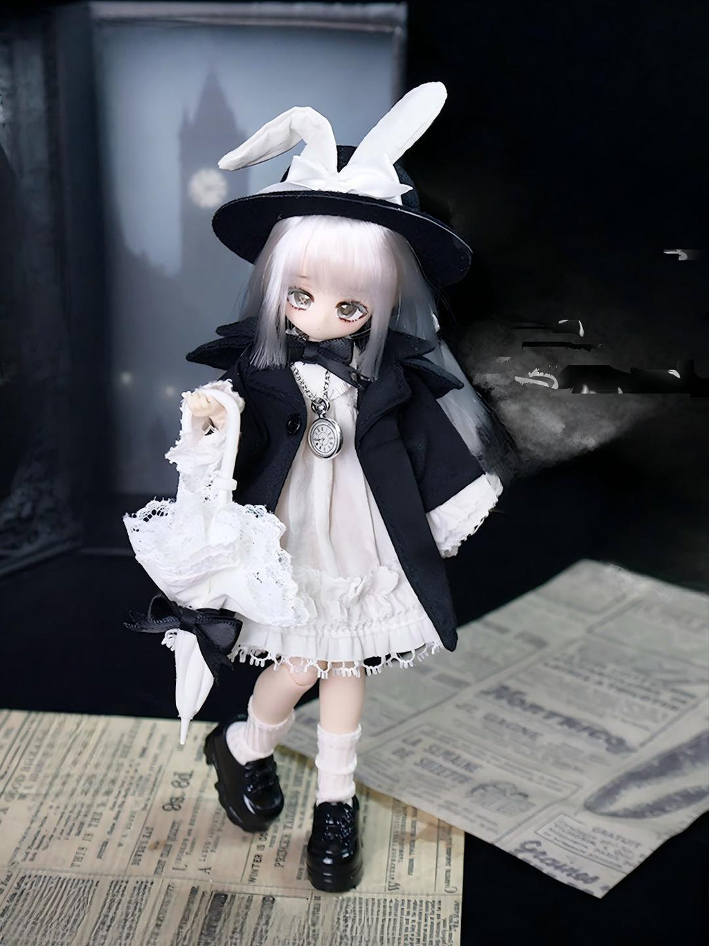 Mist-Veiled｜Fully Articulated Doll with White Hair, Rabbit Ears, and Top Hat – Vintage British-Style Gift